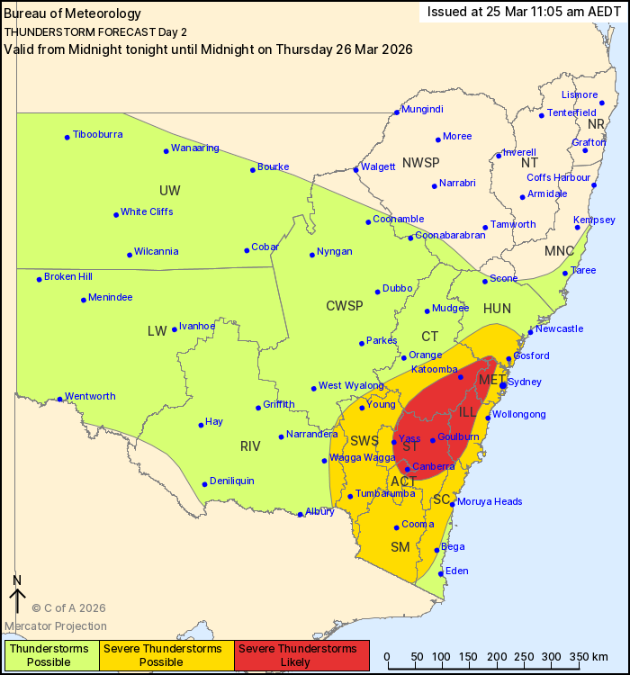 A map showing New South Wales with a red patch from just below Gosford down to Canberra.