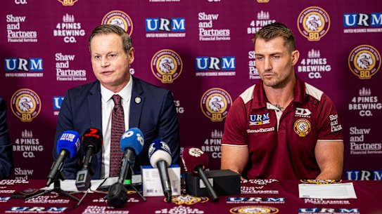 Manly chairman Scott Penn alongside new interim coach Keiran Foran.