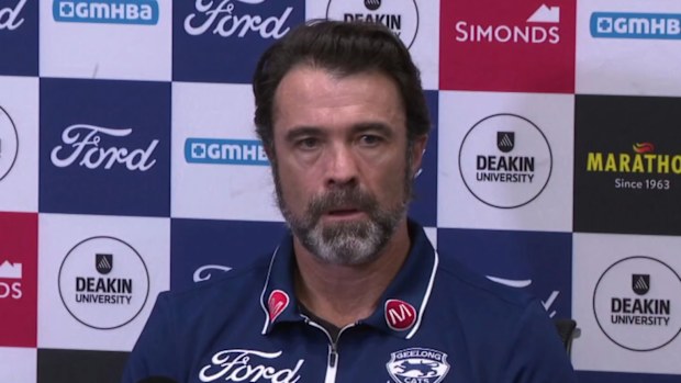 Chris Scott speaks at his press conference ahead of the Cats' preliminary final. 