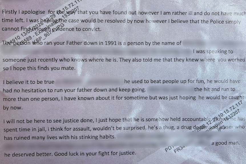 A neatly typed and spaced letter with some words blurred.