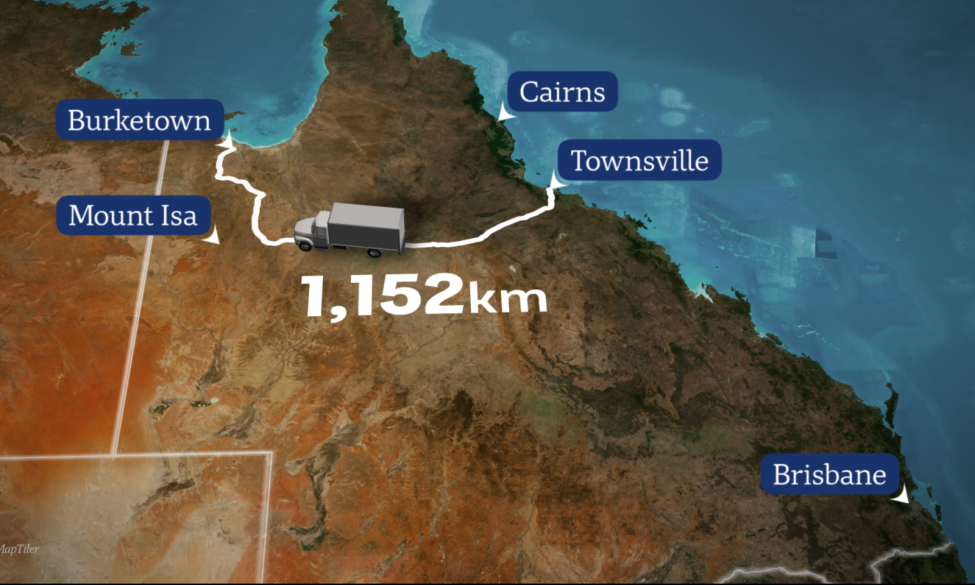 A map showing a truck travelling between Townsville and the Gulf of Carpentaria