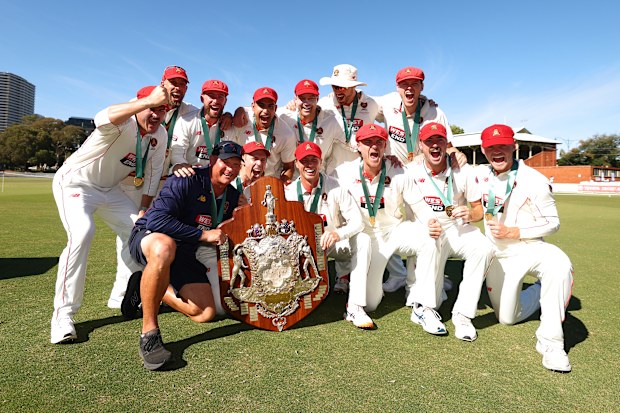 MELBOURNE, AUSTRALIA - MARCH 30: South Australia celebrtate after defeating Victoria during day five of the Sheffield Shield match between Victoria and South Australia at CitiPower Centre, on March 30, 2026, in Melbourne, Australia. (Photo by Robert Cianflone/Getty Images)