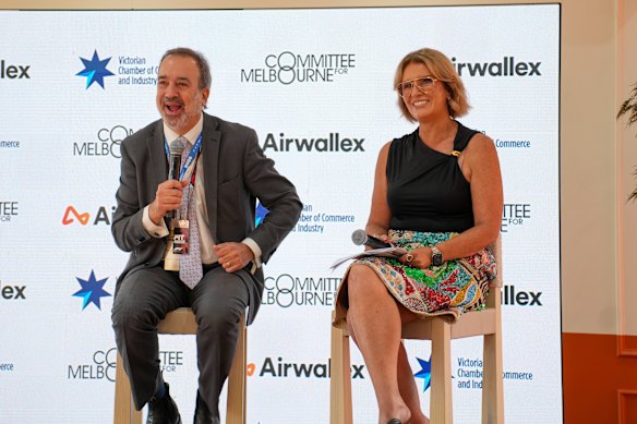 Australian Grand Prix Corporation chair Martin Pakula on stage alongside Victorian Chamber chief executive Sally Curtain.