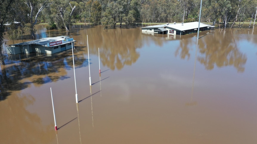 Goal posts stick out of floodwaters next to the clubrooms on the Shepparton Swans football ground