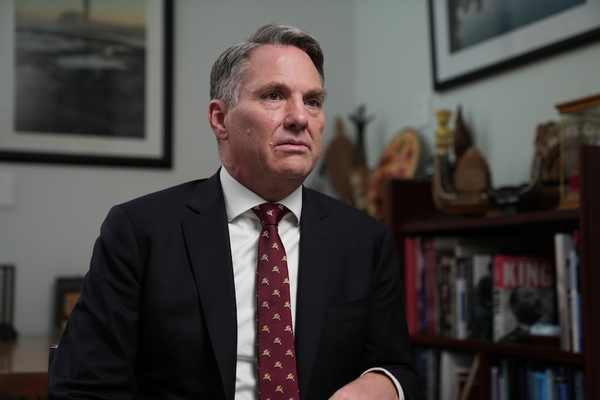 Richard Marles in a black suit with a burgundy tie sitting in his office. 