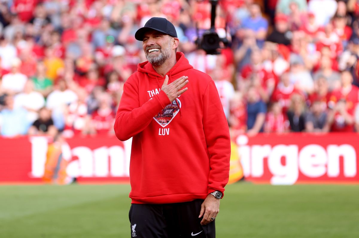 Jurgen Klopp, Manager of Liverpool, shows appreciation to the fans following his final match as Liverpool manager after the Premier League match between Liverpool FC and Wolverhampton Wanderers at Anfield on May 19, 2024 in Liverpool, England.