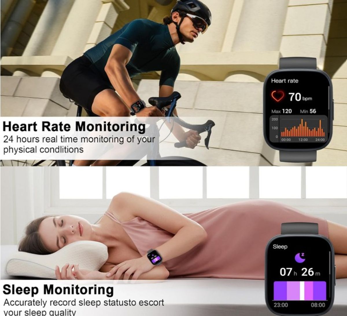 The smart watch monitors sleep and heart rate