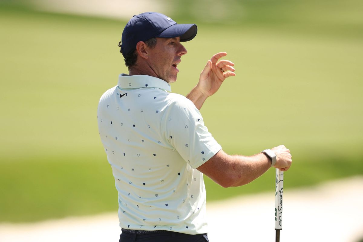 Rory McIlroy of Northern Ireland reacts on the ninth green during the second round of THE PLAYERS Championship 2026 