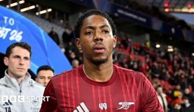 Myles Lewis-Skelly before Arsenal's match with Bayer Leverkusen