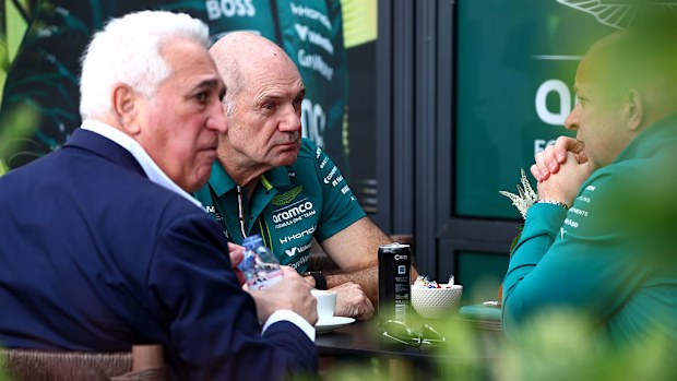 Adrian Newey, Team Principal of Aston Martin F1 Team and Lawrence Stroll, Owner of Aston Martin F1 Team in the paddock. 