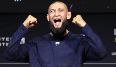 Khamzat Chimaev reacts during a UFC 319 press conference
