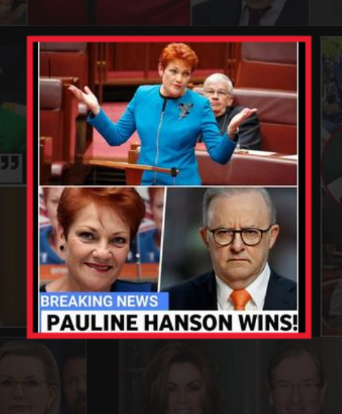 Pauline Hanson and Anthony Albanese split screen. Text says "Pauline Hanson wins!"