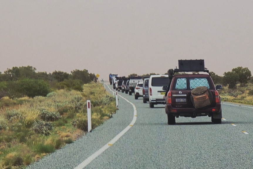A convoy of cars drives down a rural road
