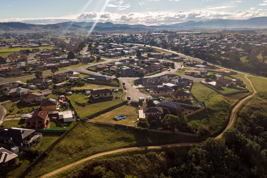 An aerial view of a town.