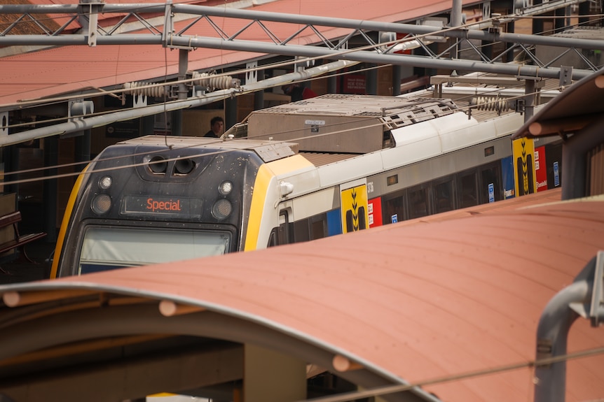 A train at a city station.