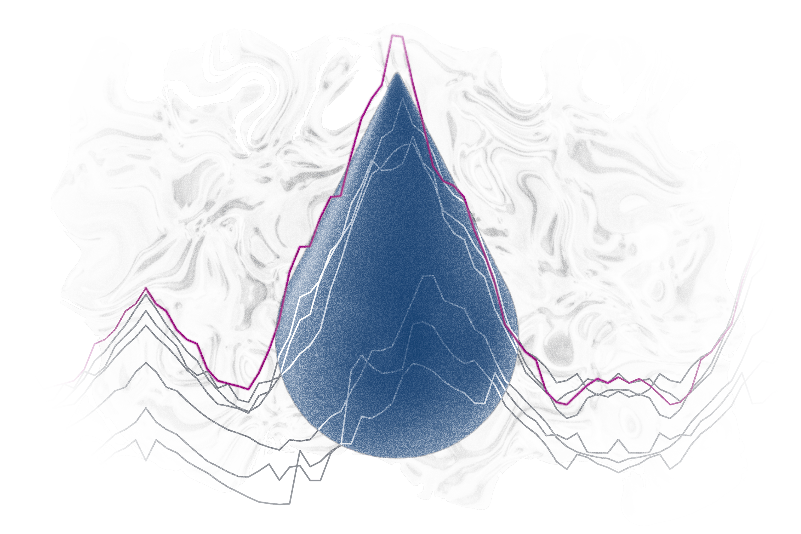 Graphic of complex chart lines overlaid ontop of large blue droplet on top of faded oily texture and white background.