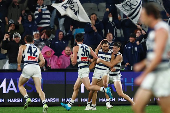 Jack Martin kicked a crucial goal to help the Cats get home against the Crows