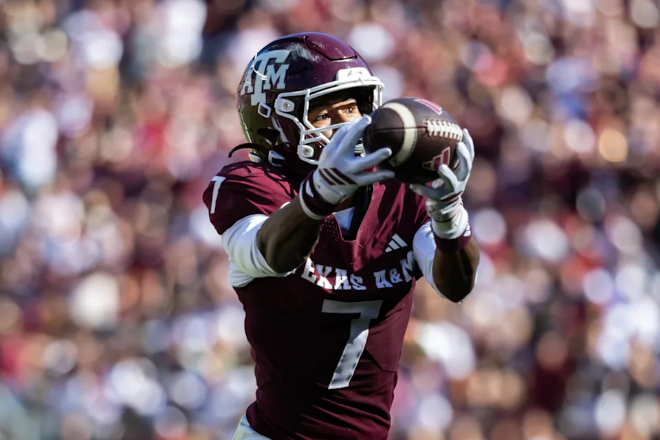 COLLEGE STATION, TEXAS - NOVEMBER 15: KC Concepcion #7 of the Texas A&M Aggies catches a pass in the second half of a game against the South Carolina Gamecocks at Kyle Field on November 15, 2025 in College Station, Texas. (Photo by Joe Buvid/ISI Photos/ISI Photos via Getty Images)