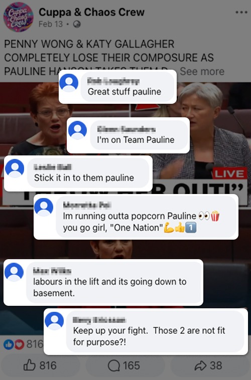 A facebook post with two politicians shouting at each other. In the foreground, comments supportive of Pauline Hanson