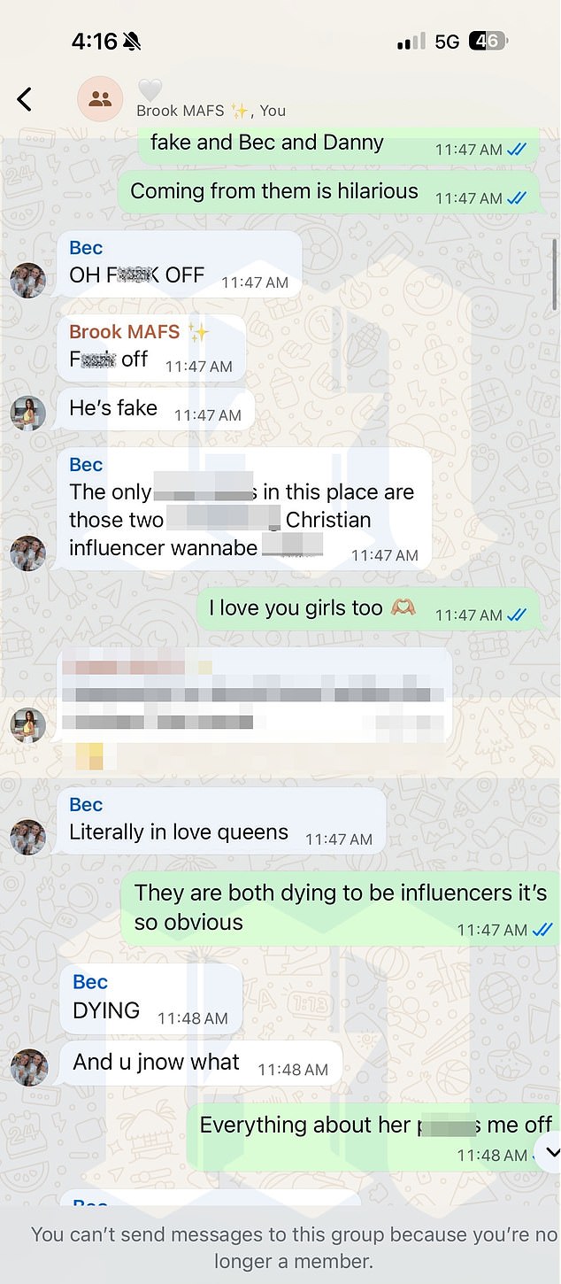 Later on, the group‑chat mean girls branded Alissa and husband David as 'Christian influencer wannabes' who were 'dying to be' famous'