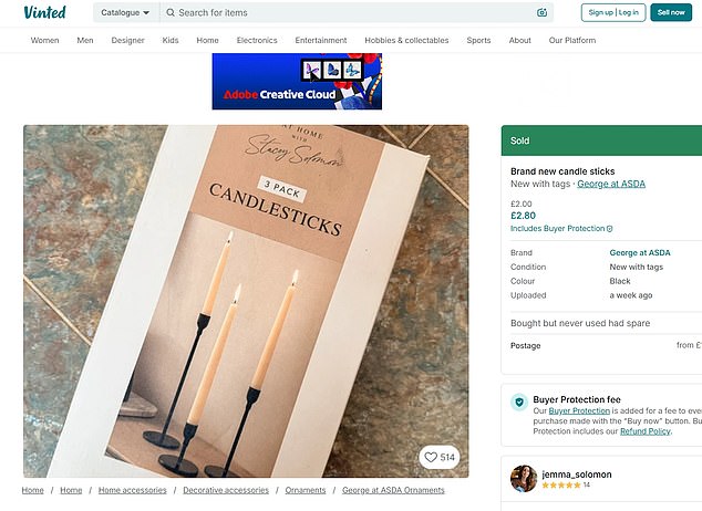 Among the items on Jemma¿s Vinted page are several products from her sister¿s At Home With Stacey Solomon collection for George at Asda, including a three-pack of candlesticks priced at £2 (retail price £14)