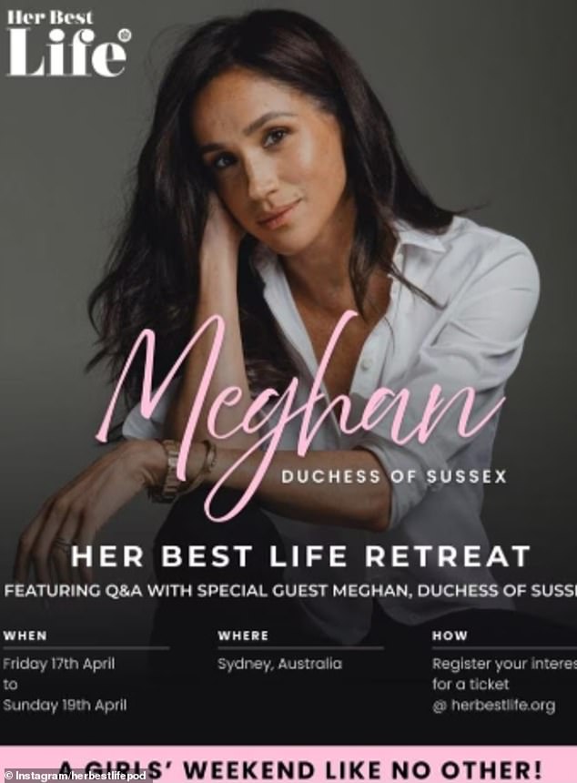 The Duchess of Sussex has been announced as the headline guest at the inaugural 'Her Best Life Retreat' to be held in Sydney's eastern suburbs in April