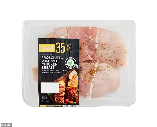 Aldi's Prosciutto Wrapped RSPCA Approved Chicken Breast Parmigiana two-pack ($9.99) contains a cheese and tomato parmigiana filling, and the supermarket suggests pairing it with a side salad for a quick and easy dinner