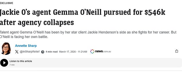 Sharp's pièce de résistance came on Tuesday: an exclusive that O'Neill's talent agency had collapsed, reportedly owing more than half a million dollars