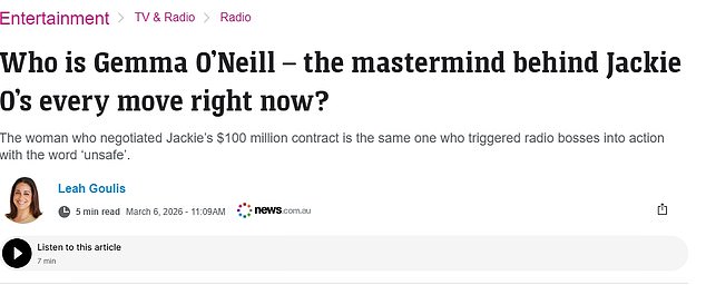 Back on March 6, News.com.au framed O'Neill as a 'mastermind behind Jackie's every move'