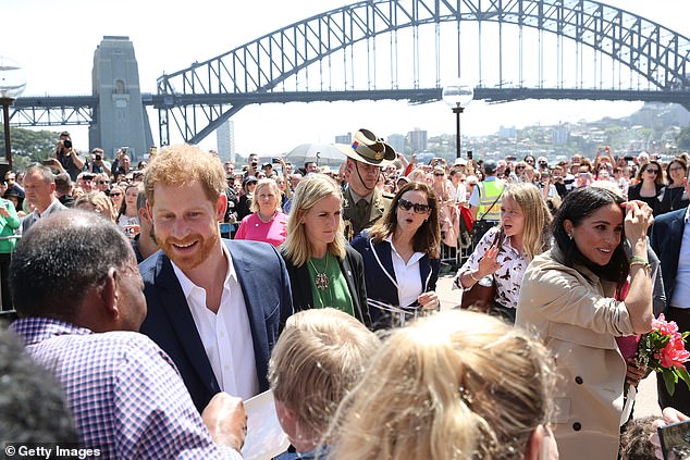 Harry and Meghan in Sydney on their official Royal tour in 2018. It is unclear whether the couple will do any public walkabouts on April's private tour and who would fund their security
