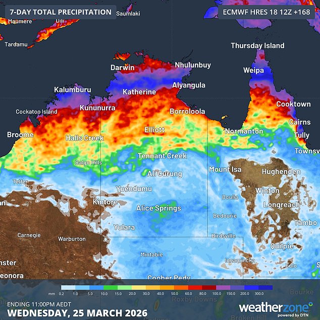 Image: Forecast accumulated rain during the next seven days. Source: Weatherzone.