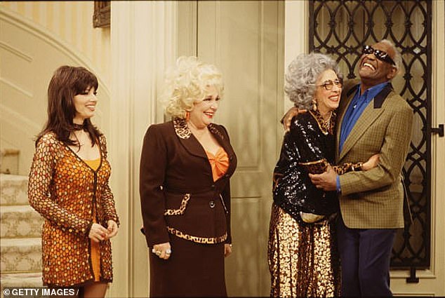The Nanny aired for six seasons between 1993 and 1999; pictured with Ann Morgan Guilbert (as Yetta Rosenberg) and Ray Charles (as Sammy Portnoy) in a 1997 episode of The Nanny