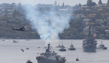 Australian and allied warships entered Sydney Harbour on Saturday for the Exercise Kakadu Fleet Review, which marks 125 years of the Royal Australian Navy