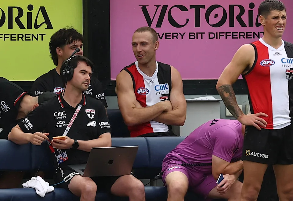 Pictured centre, St Kilda co-captain Callum Wilkie.