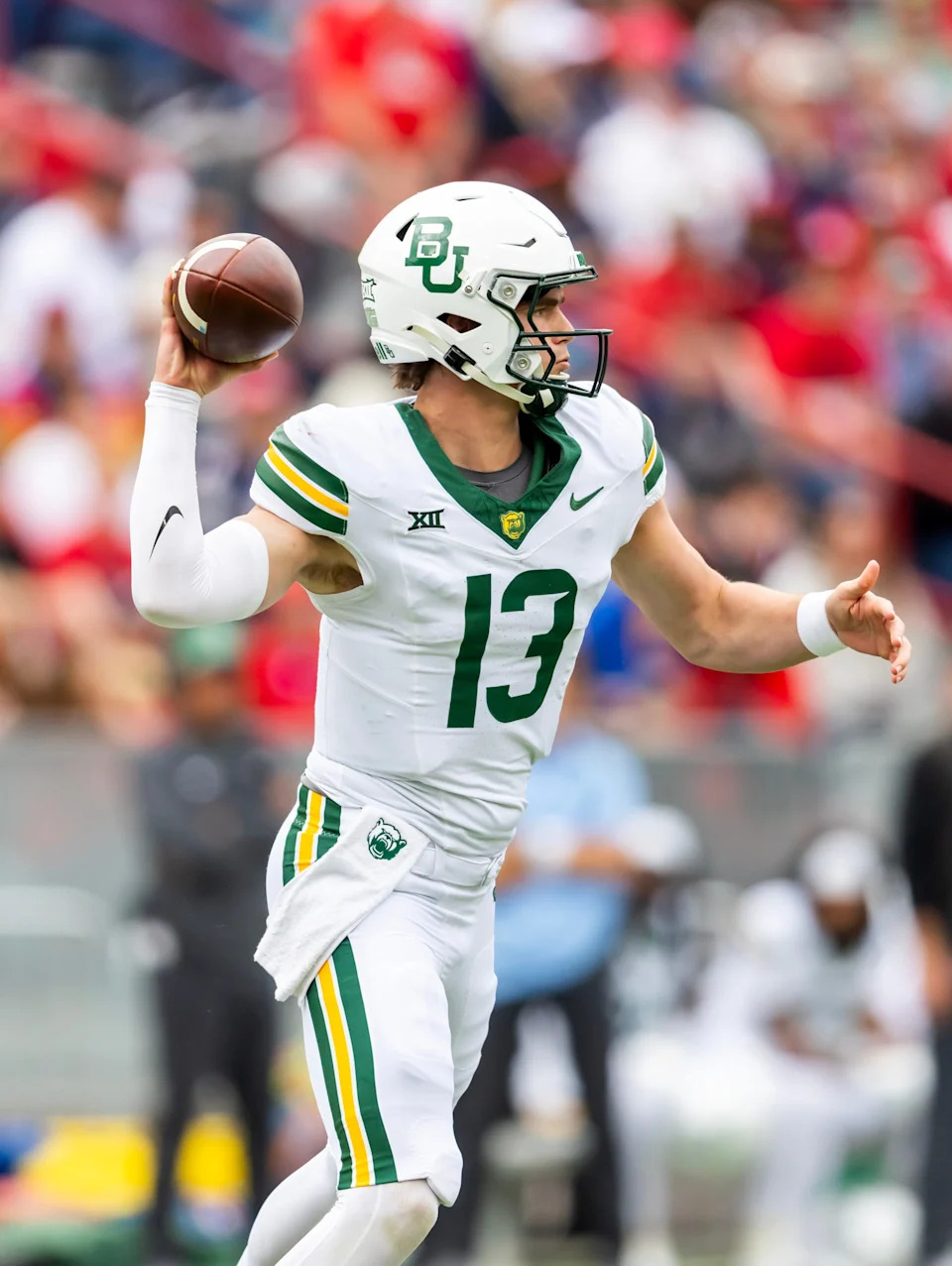 Nov 22, 2025; Tucson, Arizona, USA; Baylor Bears quarterback Sawyer Robertson (13) against the Arizona Wildcats at Casino Del Sol Stadium. Mandatory Credit: Mark J. Rebilas-Imagn Images