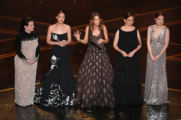 The Bridesmaids cast (from left) Melissa McCarthy, Rose Byrne, Kristen Wiig, Maya Rudolph and Ellie Kemper are reunited.