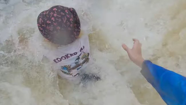 Jacob was swept under by the fast-flowing river, and Reon jumped in to pull him to safety.