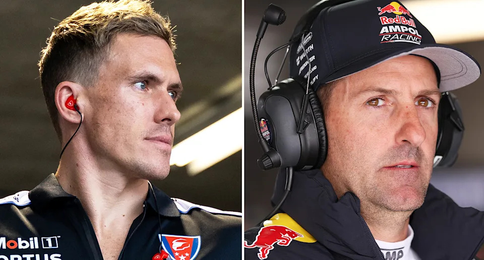 Ryan Walkinshaw and Jamie Whincup during a Supercars race.