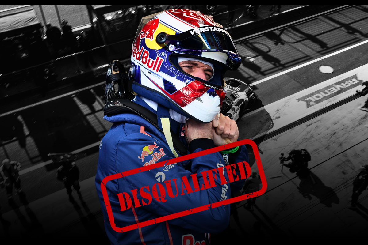 Verstappen in his race suit and helmet with a black and white Nurburgring background with a red disqualified stamp over the image