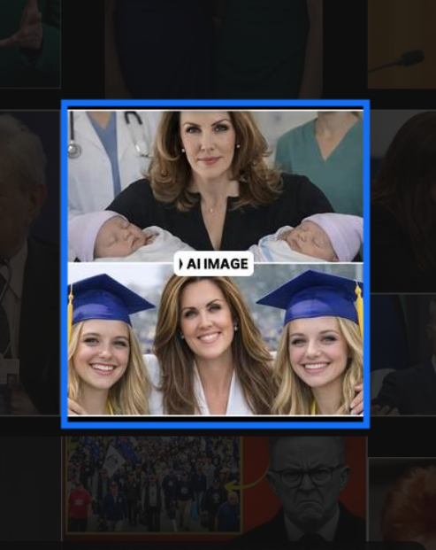 Peta Credlin holds two babies in the top image. In the bottom image they are grown blonde women