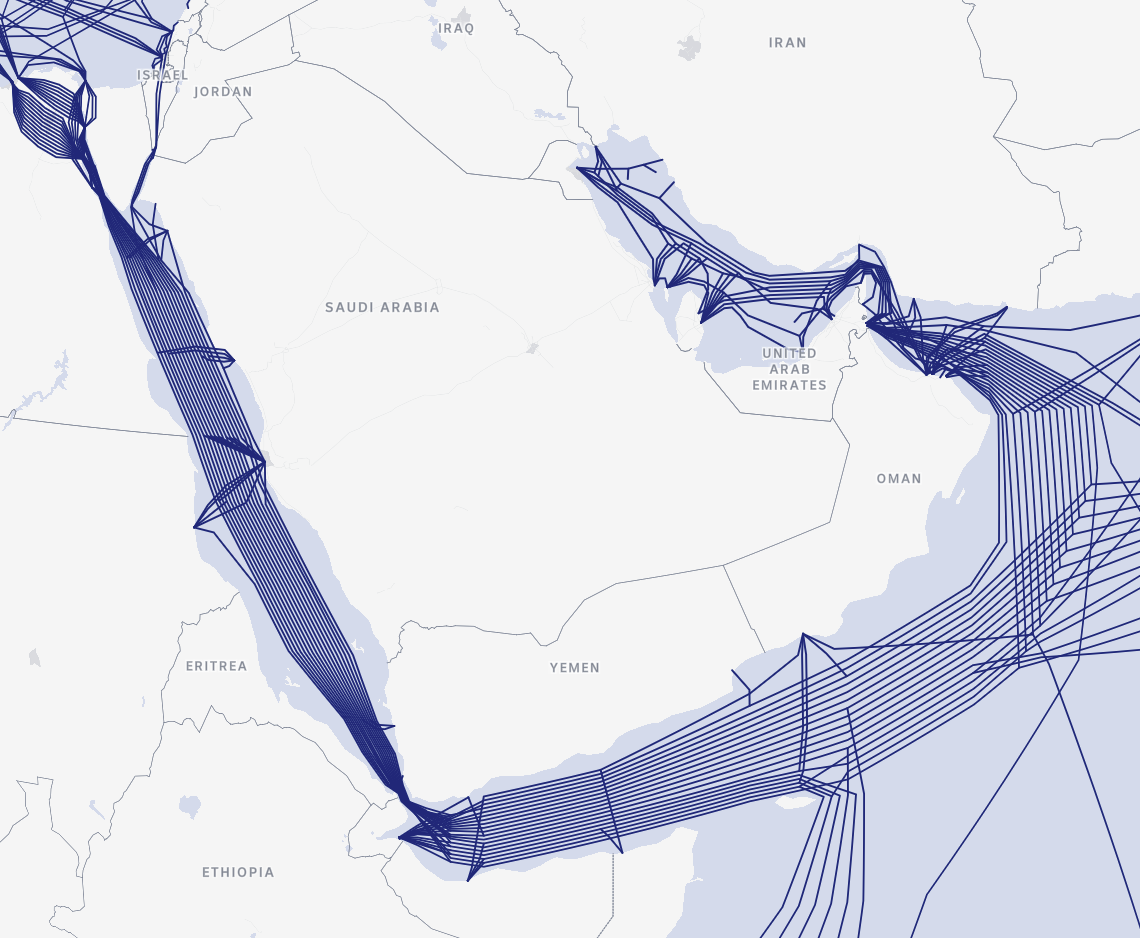 A map showing a dense network of cables running underneath the Red Sea and Persian Gulf