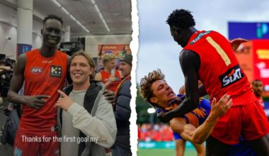 West Coast Eagles debutant Milan Murdock thanks Gold Coast’s Mac Andrew for first goal after on-field clash