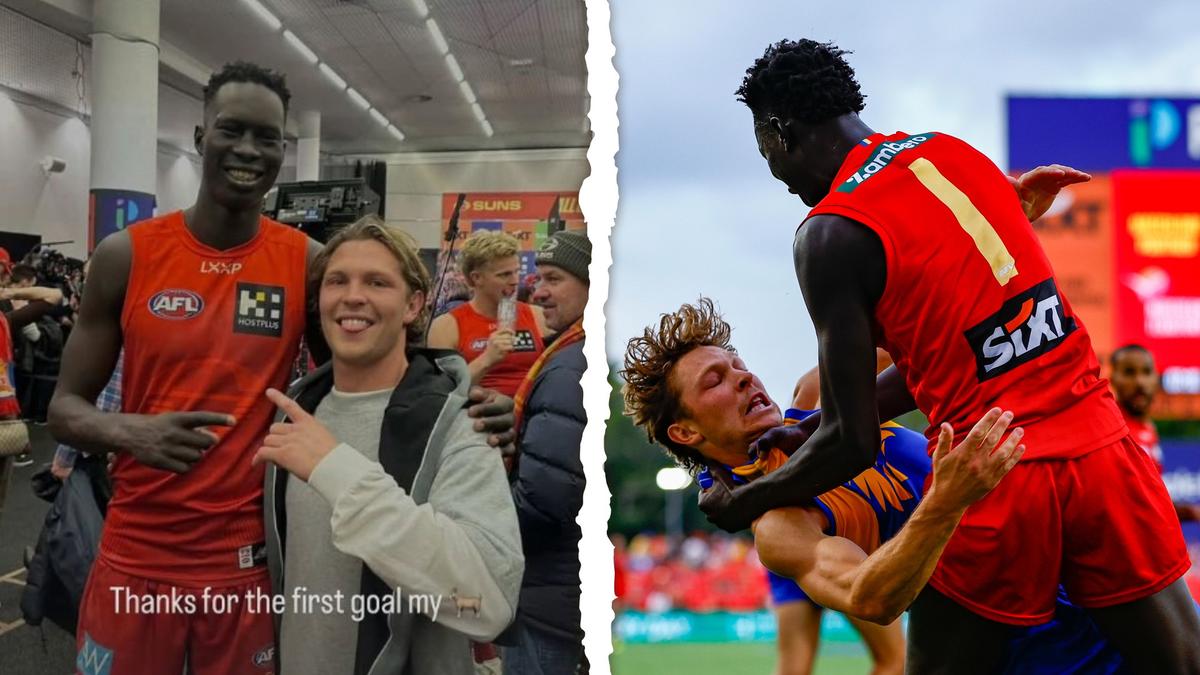 West Coast Eagles debutant Milan Murdock thanks Gold Coast’s Mac Andrew for first goal after on-field clash