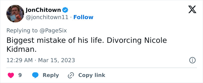 Tweet from JonChitown commenting on divorcing Nicole Kidman related to Keith Urban divorce discussion. Tweet from JonChitown commenting on divorcing Nicole Kidman related to Keith Urban divorce discussion.
