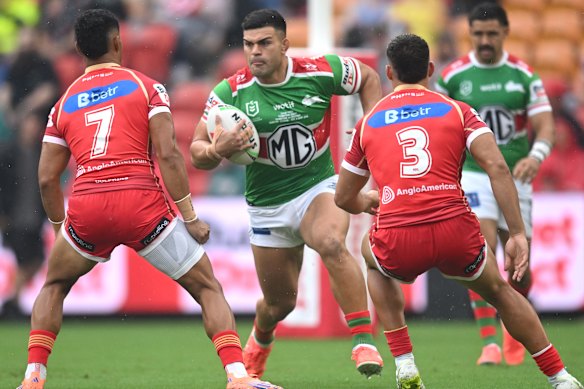 David Fifita charges into the Dolphins defence in his Rabbitohs debut last Sunday.