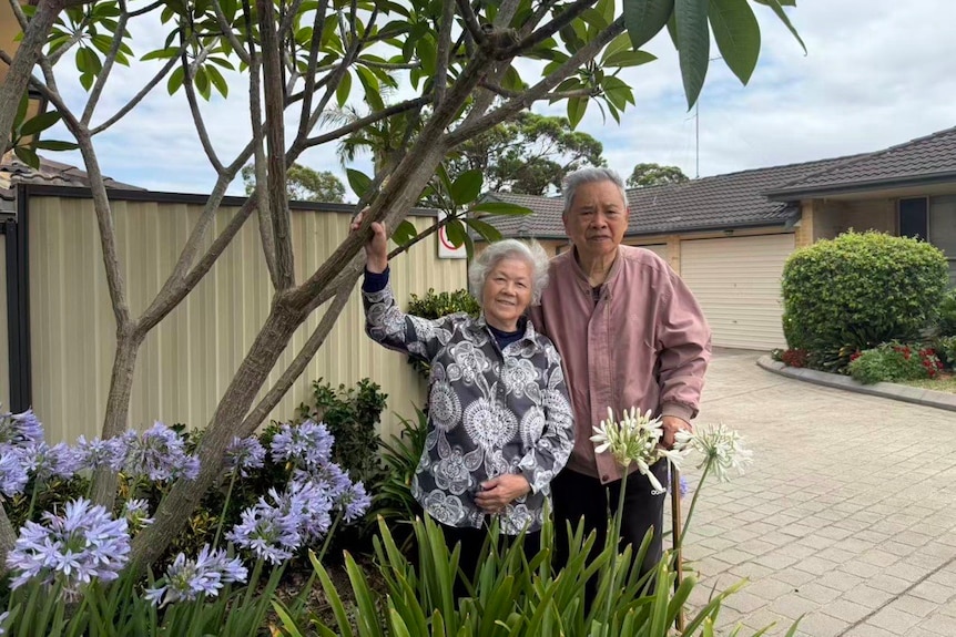 An old couple stand under a tree.
