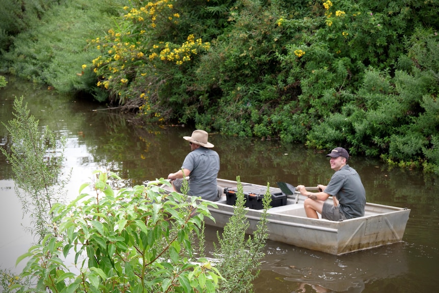 Australian Wildlife Park rangers in a boat in the creek searching