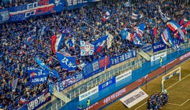 Suwon Samsung Bluewings players pose with fans in the stands after the K League 2 2026 Round 1 opening match against Seoul E-Land at Suwon World Cup Stadium in Suwon, Gyeonggi Province, Feb. 28. Captured from @gnariy_blue