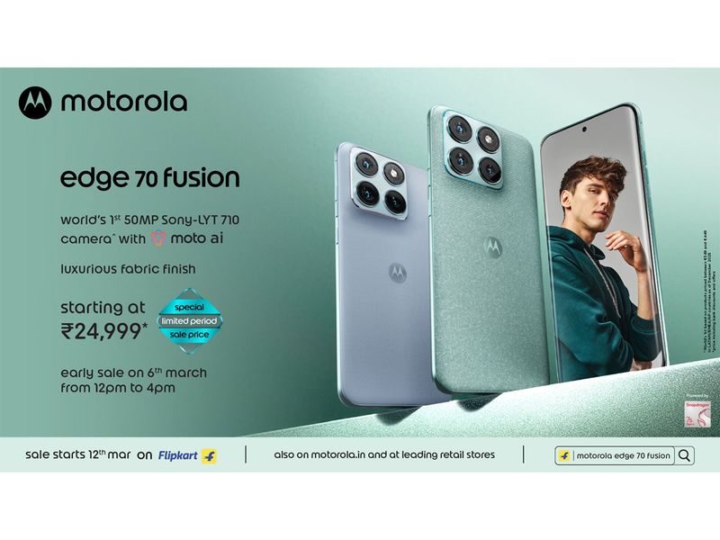 motorola edge 70 fusion launched; early bird sale today 12PM - world's first 50MP Sony LYTIA 710, fabric finish, 7000mAh battery. Starting Rs. 24,999*