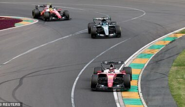 Formula One F1 - Australian Grand Prix - Albert Park Grand Prix Circuit, Melbourne, Australia - March 8, 2026 Ferrari's Charles Leclerc in action ahead of Mercedes' George Russell during the race REUTERS/Mark Peterson